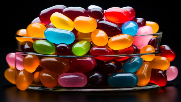 Multicolored shiny gems sparkling in the light A pile of bright pebbles on the black backdrop Close up