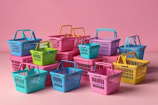 분홍색 배경에 다채로운 쇼핑 바구니 쇼핑 3d 렌더링