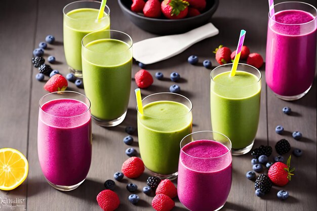 Multicolored smoothies in different glasses stand on a dark wooden table berries fruits and greens are cut nearby