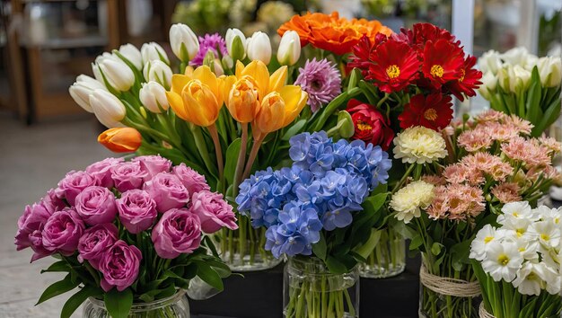 Фото Многоцветные весенние цветы в цветочном магазине свежий запас резных цветов для весенних праздников тюльпаны розы пионы крокусы хризантемы гортензии гиацинт эустома ии генерируется