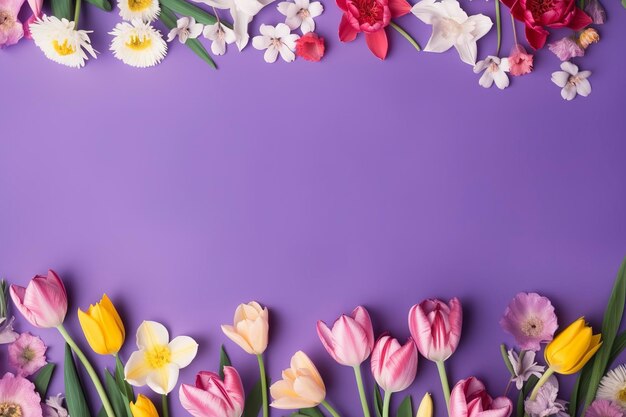 Multicolored spring flowers on purple background generate ai