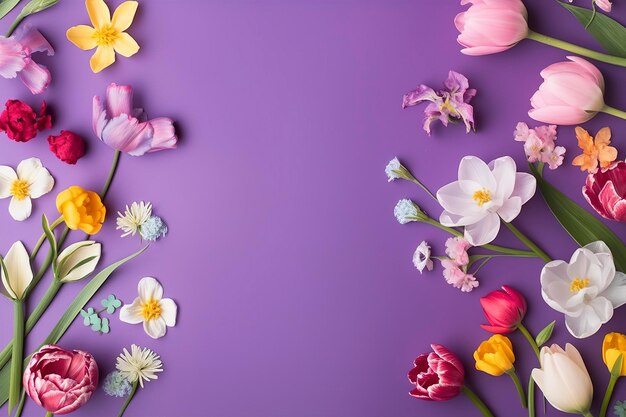 Multicolored spring flowers on purple background generate ai