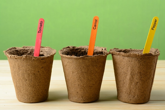 Multicolored sticks in peat pots