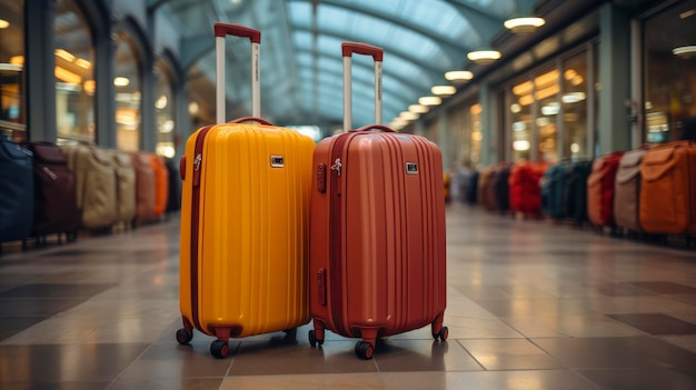 Multicolored suitcases in an airport terminal