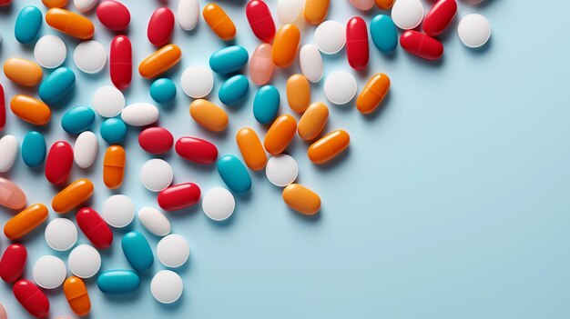Фото Многоцветные таблетки разной формы разбросаны по плоской поверхности