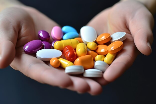 Multicolored tablets pills and capsules in the hands