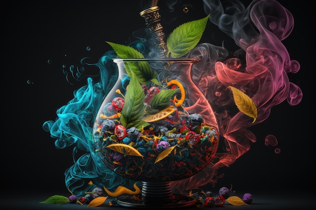 写真 水ギセルを吸うための燃える石炭が入った花瓶に色とりどりのタバコ