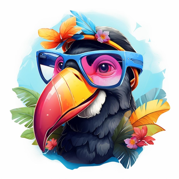 Multicolored toucan bird with a beak sunglasses and cartoon eyes