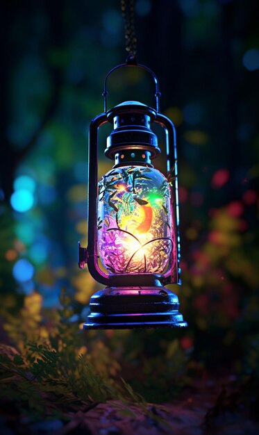 Photo multicolored a traditional lantern on forest with beautiful neon light generative ai