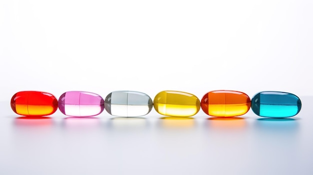 Разноцветные прозрачные таблетки на белом фоне