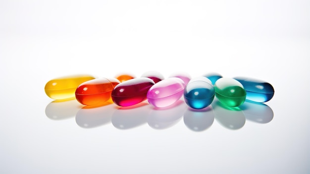 Multicolored transparent tablets on a white background