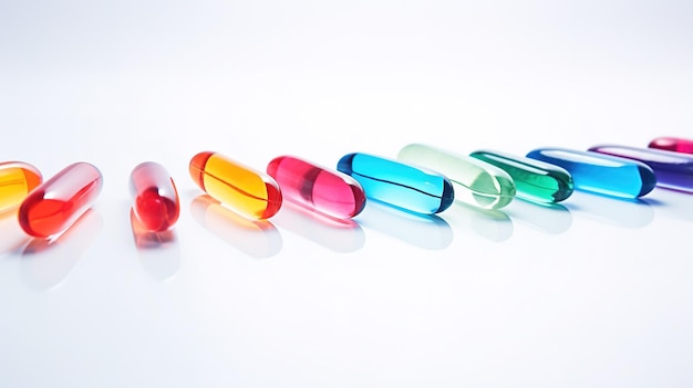 Multicolored transparent tablets on a white background