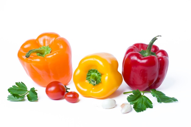 Multicolored vegetables on a white background