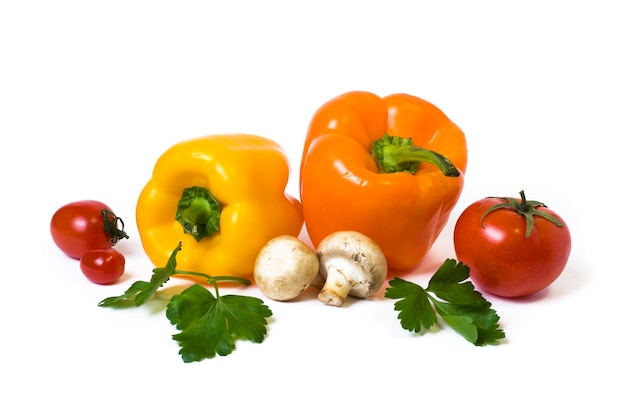 Multicolored vegetables on a white background