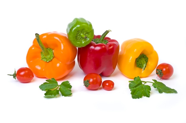 Multicolored vegetables on a white background