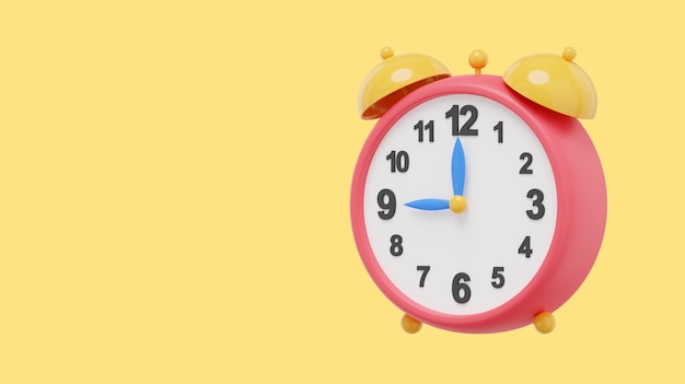 Multicolored vintage alarm clock side view 3d rendering Icon on yellow background space for text