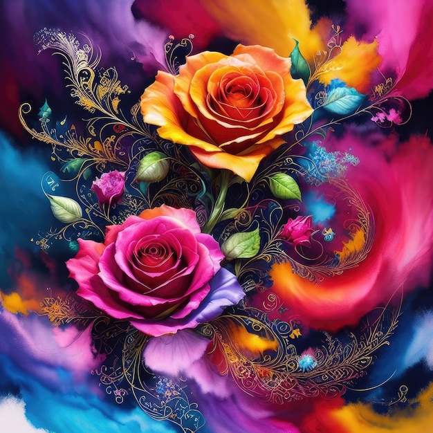 Multicolored and voluminous art of a rosebuds closeup Generative AI