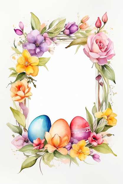 Photo multicolored watercolour easter eggs frame with spring flowers easter card with a space for text rustic easter background ai generated