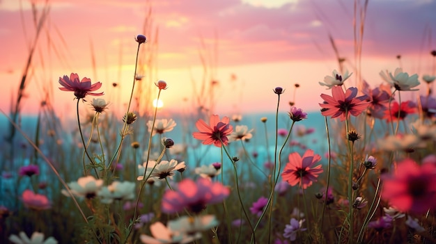 multicolored wildflowers in watercolor at sunset field drawing summer delicate flowers