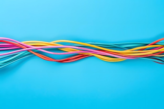 multicolored wires on a blue surface