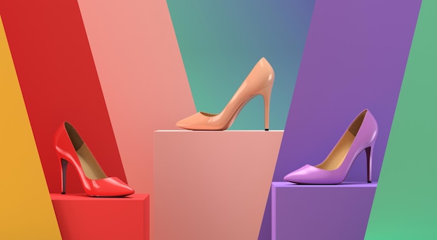 Multicolored women's shoes on a pedestal. 3d rendering illustration.