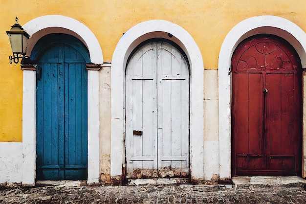 Multicolored wooden medieval door arches in style morocco