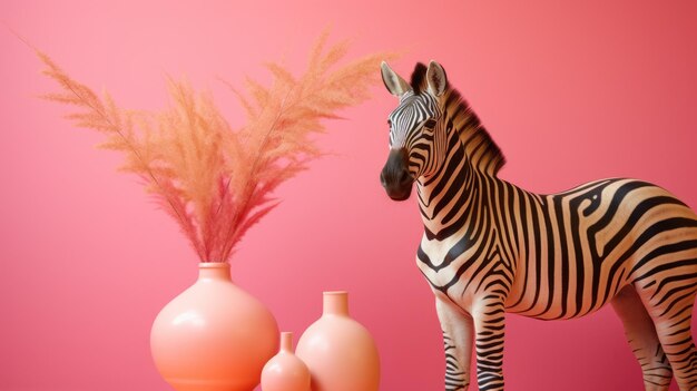 Foto zebra multicolore su uno sfondo rosa in stile memphis design moderno