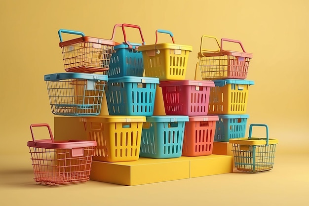 Multicolors empty shopping baskets with podium on yellow background 3d rendering illustration