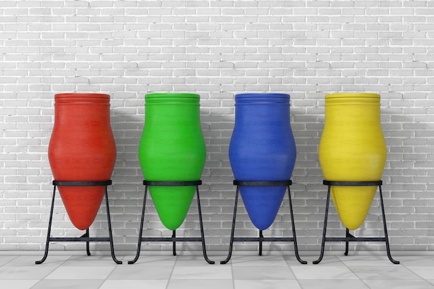 Photo multicolour clay trash bin pots in front of brick wall. 3d rendering