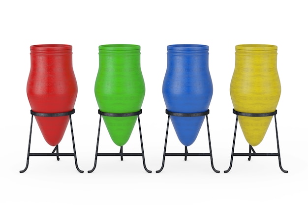 Multicolour Clay Trash Bin Pots on a white background. 3d Rendering