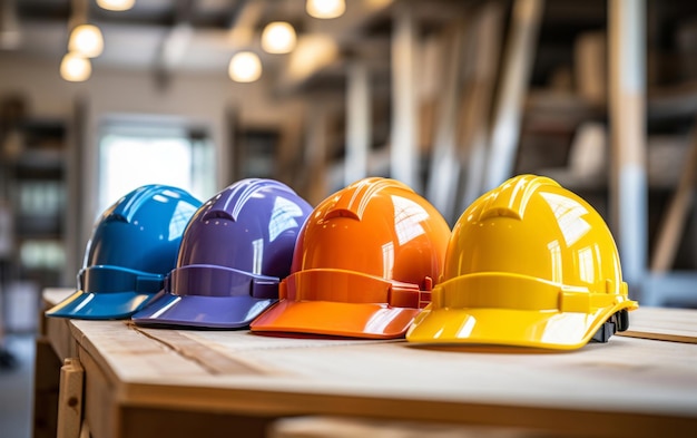 Multicolour construction hard hats stacked on table safety at work concept