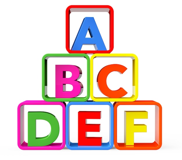 흰색 배경에 ABC 문자가 있는 스탠드로 여러 가지 빛깔의 큐브