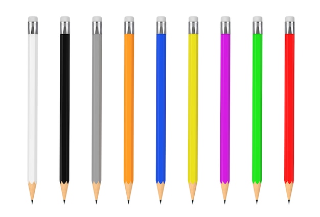 Foto mockup di matite multicolori con spazio vuoto per il tuo design su sfondo bianco. rendering 3d