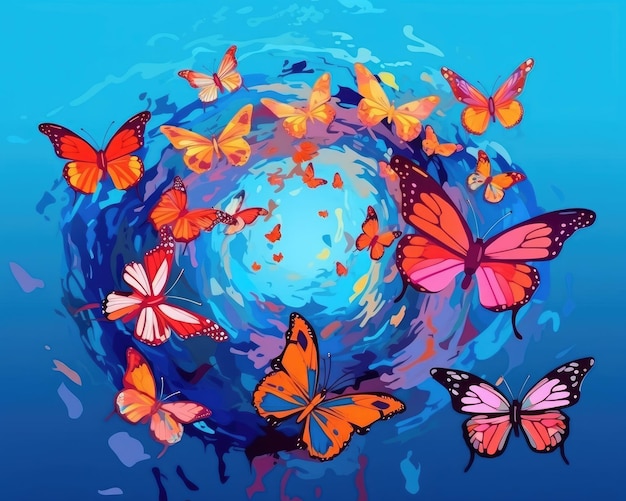 Multicoloured butterflies fly from oil paint on blue background Generative AI