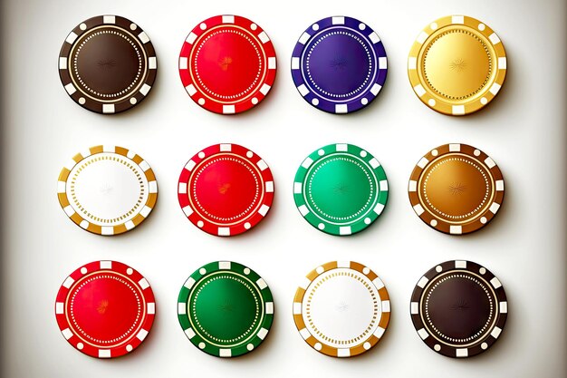 Multicoloured casino chips lined in even rows on white background