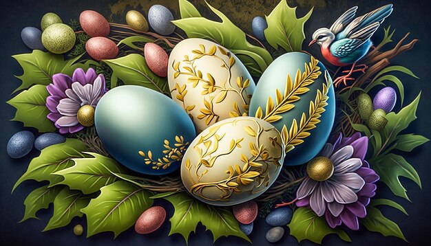 Multicoloured Easter eggs on a dark table rustic concept space for text easter greeting card Generated AIxAxA