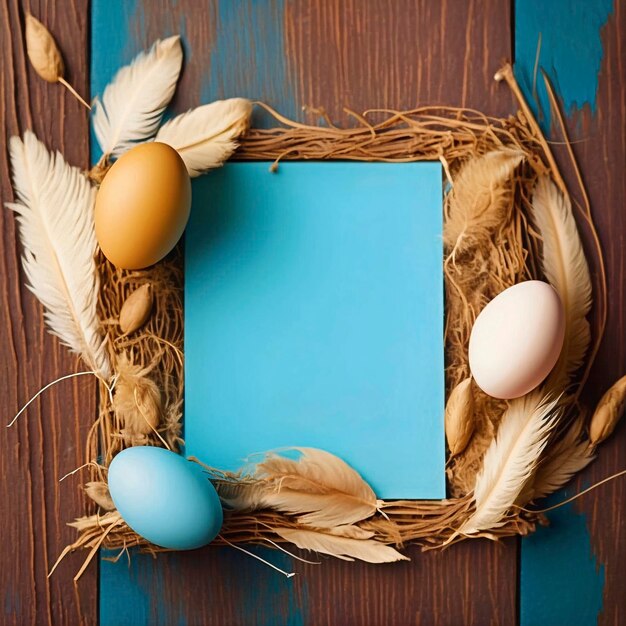 Multicoloured Easter eggs on dry grass and branches space for text