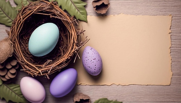 Multicoloured Easter eggs in a wicker basket wooden background easter greeting card space for text Generated AI