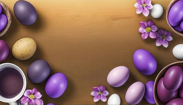 Multicoloured Easter eggs on a wooden background easter greeting card space for text Generated AI