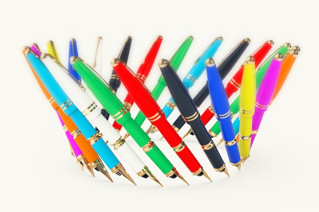 Multicoloured Fountain Writing Pens on a white background. 3d Rendering