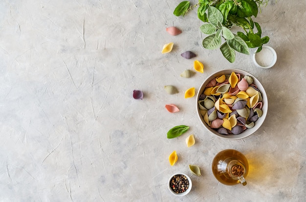 Multicoloured Italian pasta conchiglie or seashells, olive oil, spices, herbs Flatly with copy space