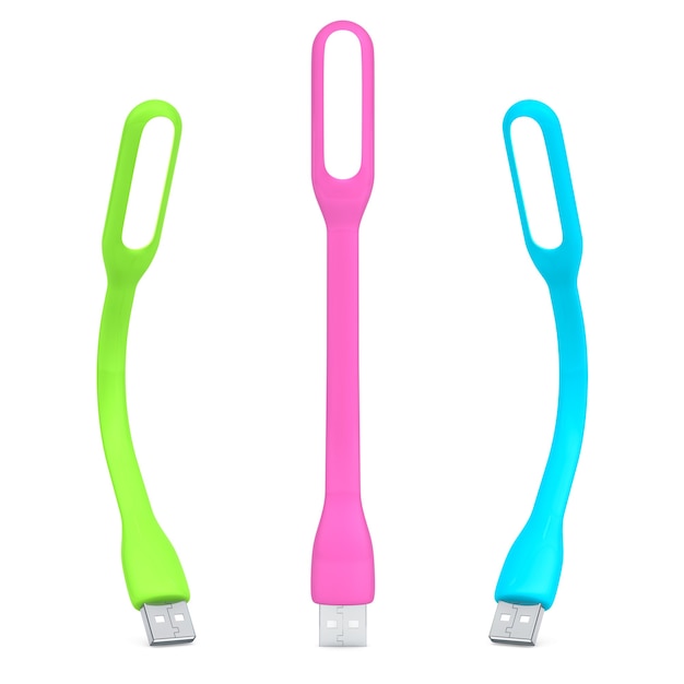 Multicoloured Led USB Lamps on a white background. 3d Rendering