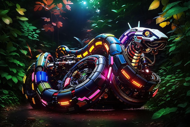 Photo multicoloured mechanical snake rearing its head in an alien forest at night8k
