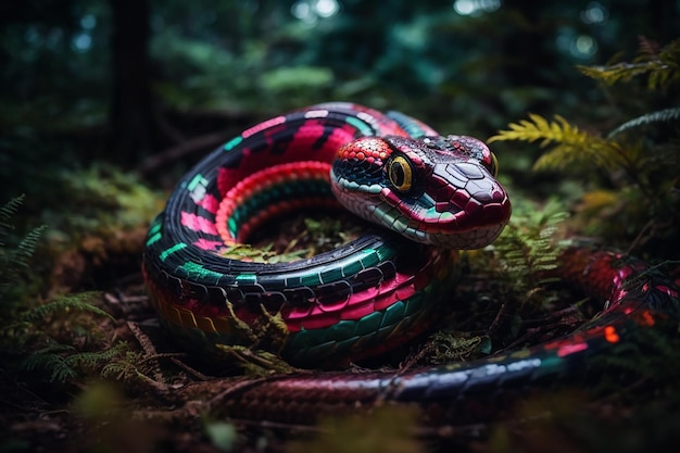 Multicoloured mechanical snake rearing its head in an alien forest at night