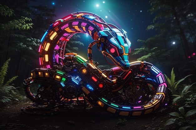 Multicoloured mechanical snake rearing its head in an alien forest at night