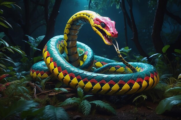 Multicoloured mechanical snake rearing its head in an alien forest at night