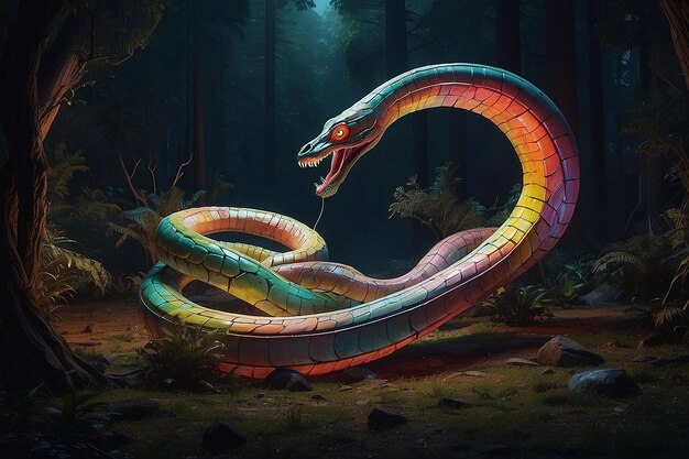 Multicoloured mechanical snake rearing its head in an alien forest at night