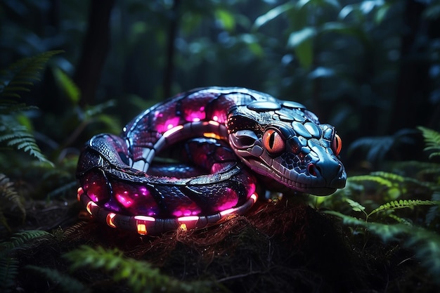 밤에 외계 숲에서 머리를 들고 있는 여러 가지 빛깔의 기계 뱀