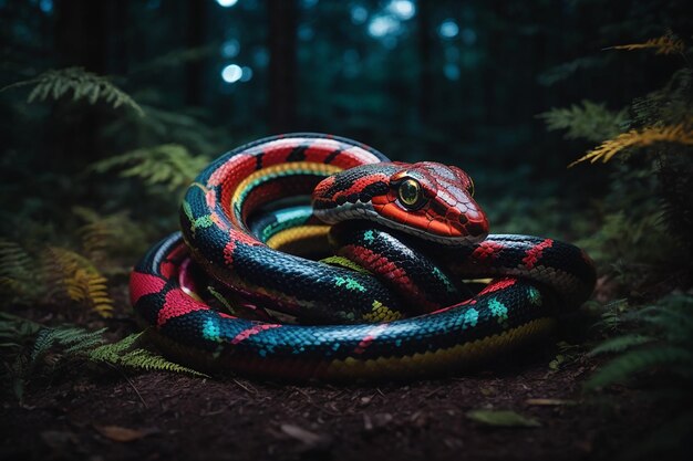 Multicoloured mechanical snake rearing its head in an alien forest at night