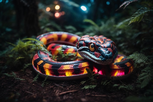 Multicoloured mechanical snake rearing its head in an alien forest at night